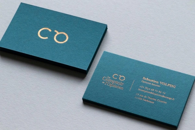 Coral Green Copper Foil Business Cards